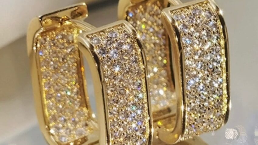 Brincos Feminino Argola quadrada cravejada Dentro e Fora pedra de zirconia folheado a ouro 18k e prata 925