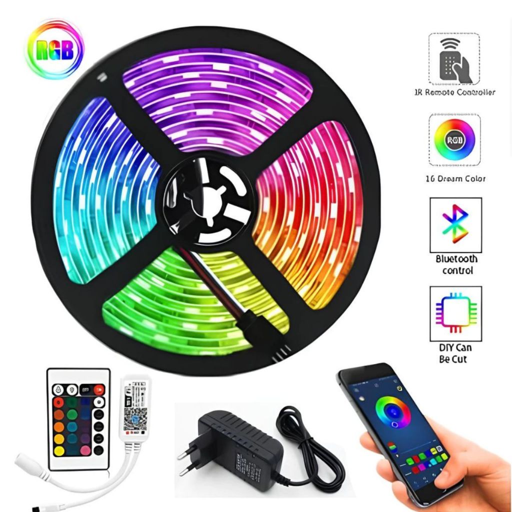 Fita de LED 5 Metros RGB com Controle Remoto e Fonte fonte Bivolt, 16 Cores Decoração Casa 2V 2A