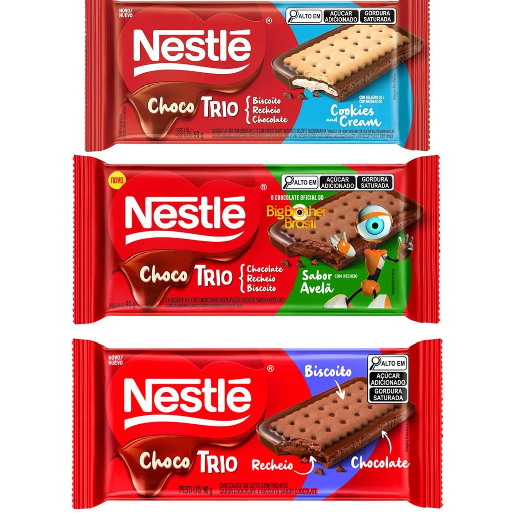 Kit 3 Barras Nestlé Choco Trio Sortidas 90g Sabor Chocolate, Avelã e Cookies & Cream