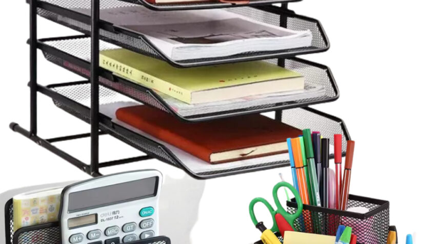 Kit 3 Organizadores de Mesa Escritório Porta Caneta Papel Carta Suporte 4 Bandejas Treco Home Office