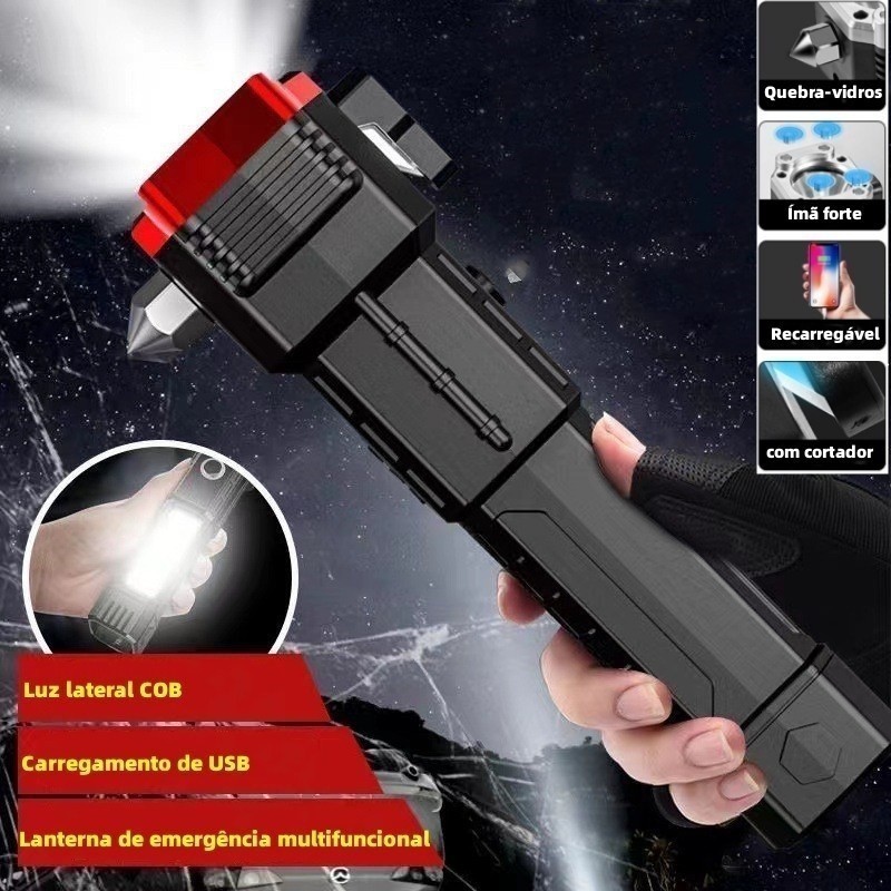 Lanterna Tática LED Recarregável 4 em 1 - Multifuncional Com Martelo Quebra Vidro/ Ímã e Chave Forte - Entrega Pronto