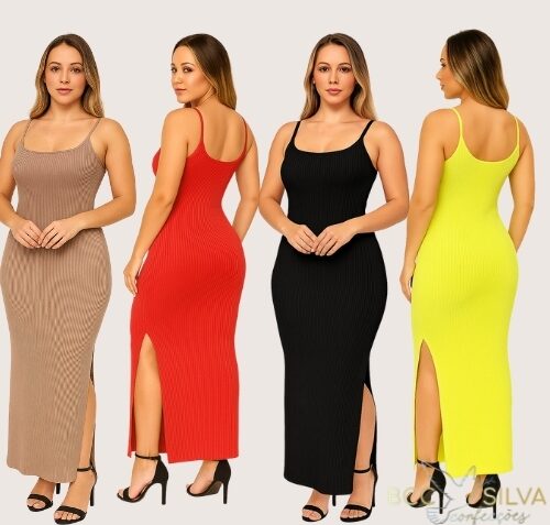 Vestido canelado de alça Feminino Longo lascado fenda lateral Casual