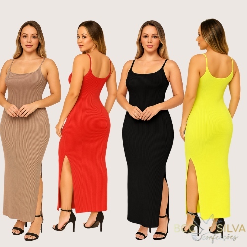 Vestido canelado de alça Feminino Longo lascado fenda lateral Casual