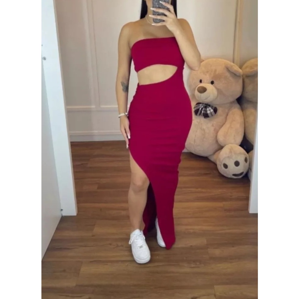 Vestido Feminino Grécia Canelado Premium Tomara que Caia Fenda na Lateral