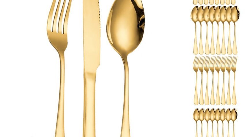 18 Talheres Ouro De Aço Inox Garfo Ou Colher Ou Faca, 6 Peças Faca + 6 Peças Garfo + 6 Peças Colher