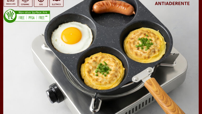 Frigideira Multifuncional Antiaderente 3 ou 4 Furos para Ovos Panqueca Omelete e Hambúrguer