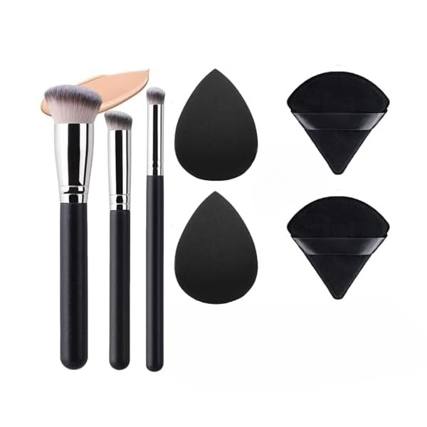 Kit de Maquiagem Facial Completo | Conjunto de 3 Pincéis para Corretivo e 2 Esponjas de Maquiagem Pretas com Esponjas