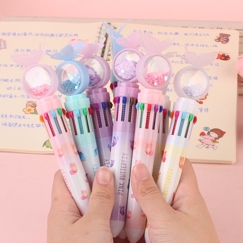 Novo Estilo Caneta Esferográfica Dez Cores Caneta Esferográfica Multi-Cor Tipo Prensa a Óleo Caneta Multi-Função 10 Cores Caneta Manual Estudante Criativo Presente Cartoon Borboleta Decoração