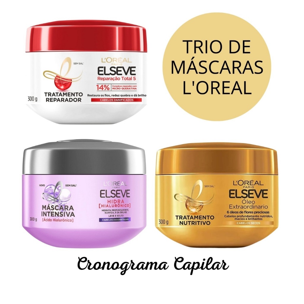Cronograma Capilar Kit Mascaras Elseve 300g - (Reparação Total 5 + Óleo Nutrição + Hidra Hialurônico) - Envio Rápido