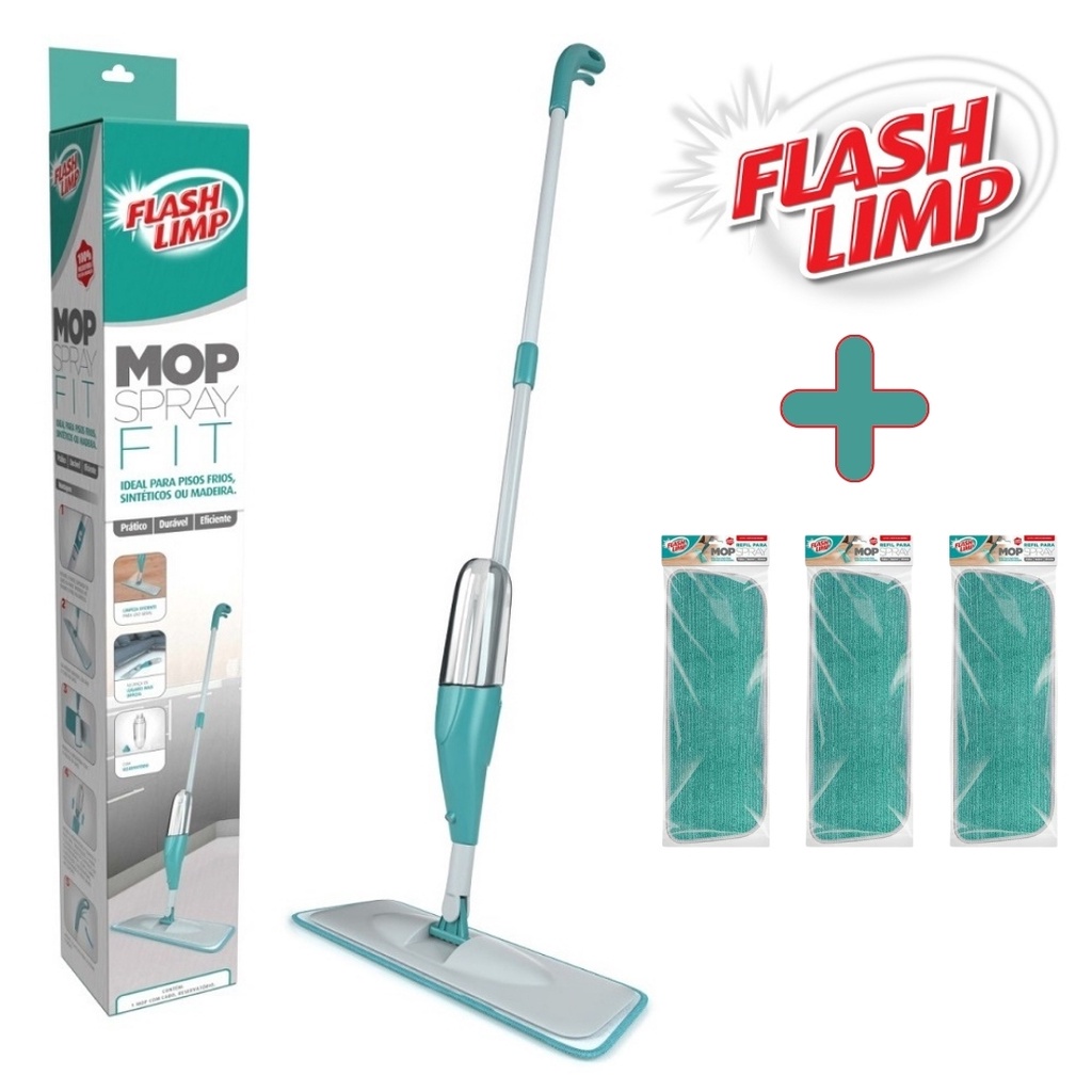 Kit 1 Mop Spray Fit Inteligente Rodo MOP0556 + 3 Refil Mop Spray Fit Lavavel RMOP7800 Flash Limp