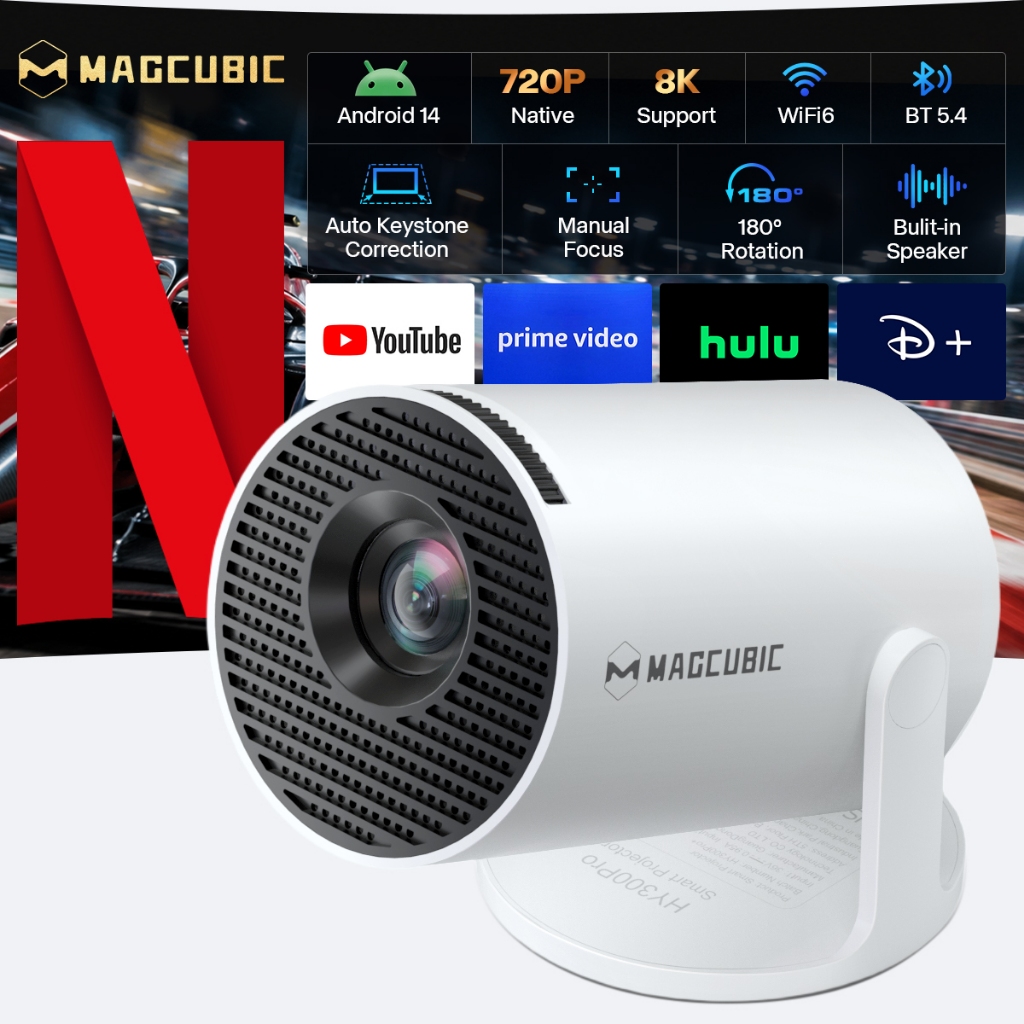 MAGCUBIC HY300 Pro Projetor 4K 1080P Suporte Android 14 Giratório 180° WiFi 6 BT5.4 Tamanho Mini