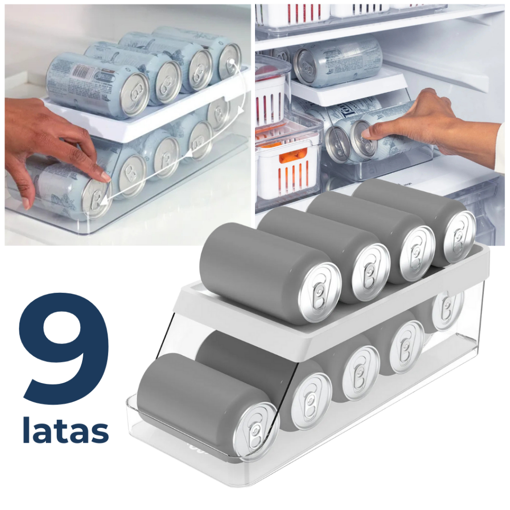 Organizador de Latas Geladeira Armário 9 Unidades Com Rolagem Multiuso Clear Fresh Ou
