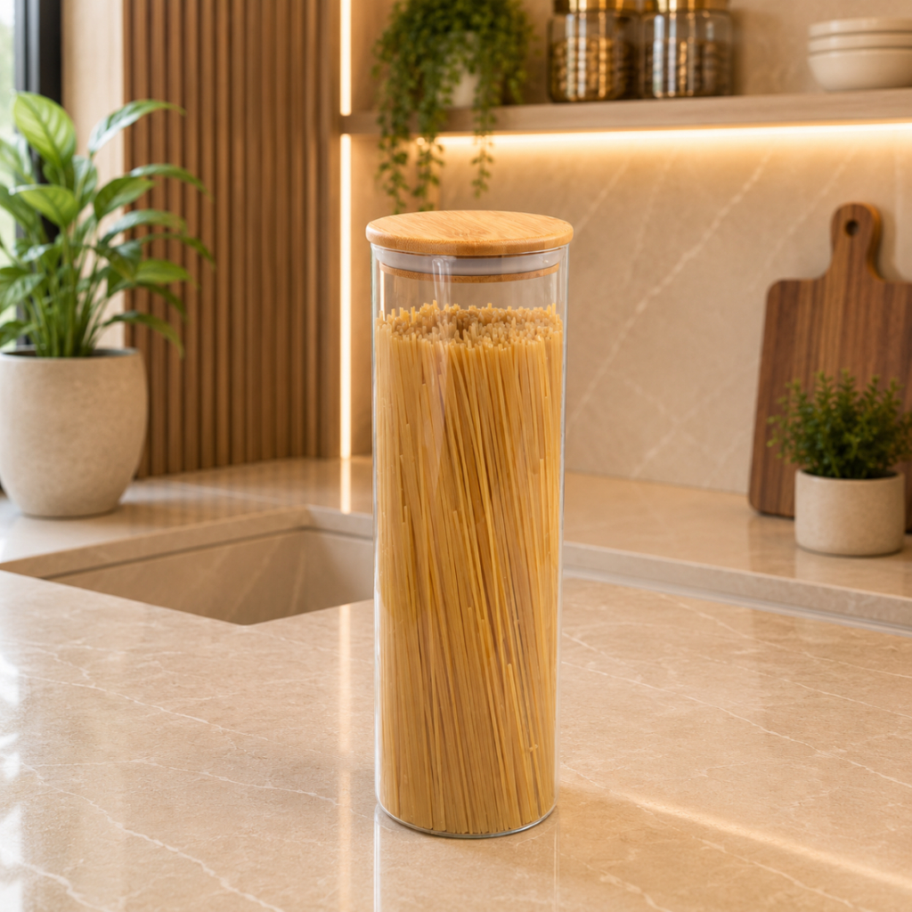Pote de Vidro com Tampa de Bambu 2000ml Mantimentos Herméticos Oikos Potes Cozinha Alimentos Tempero Redondo
