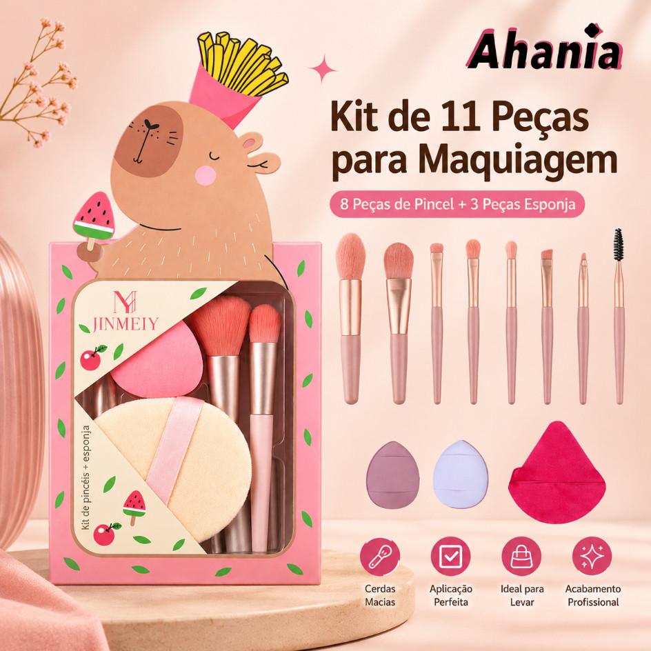 Kit de 11 Peças para Maquiagem com Embalagem de Capivara, com 8 Pincéis para Maquiagem e 3 Esponja de Mini Dedo & Veludo